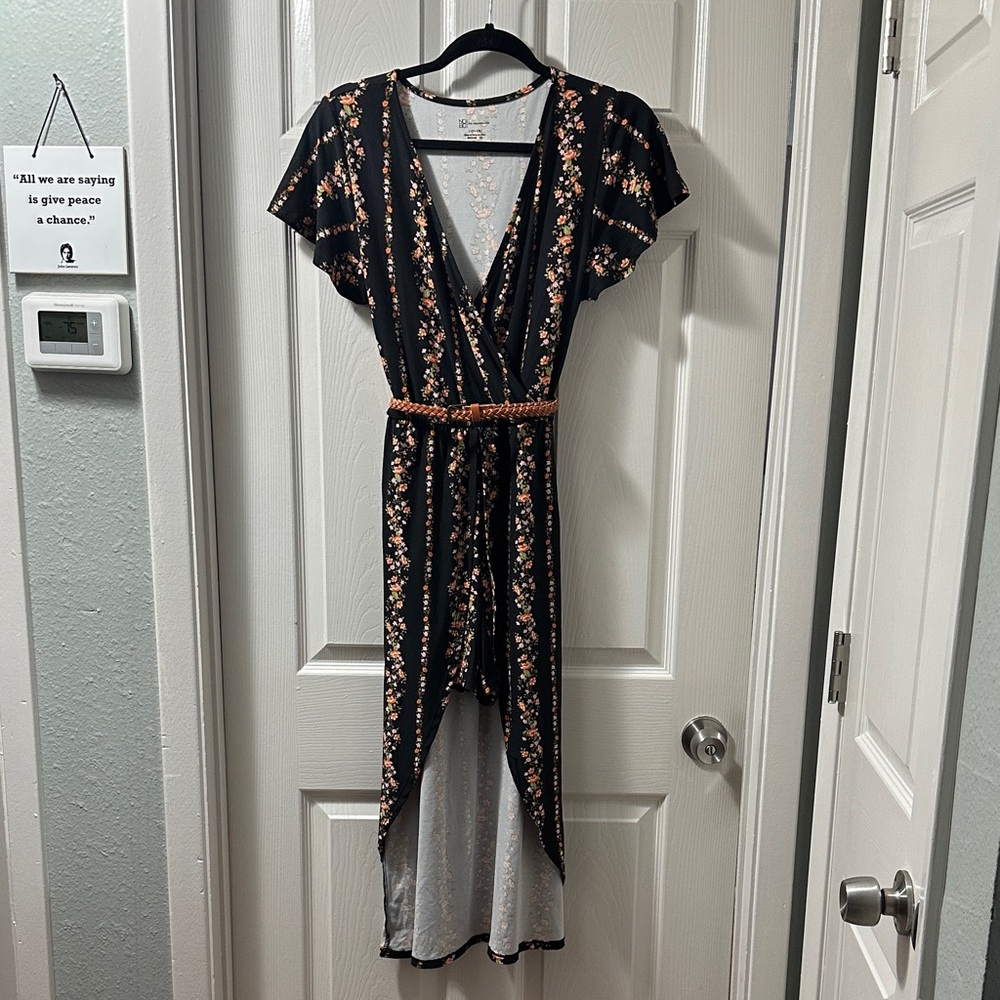 No Boundaries Black and Orange Floral High Low Romper with Belt